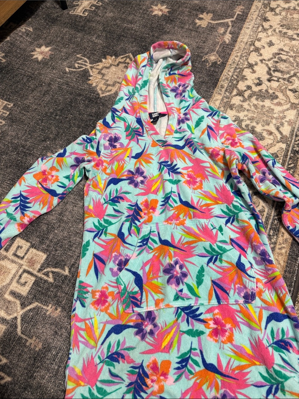Lands' End Mint Floral Hooded Pullover with Pink, Orange & Purple Accents